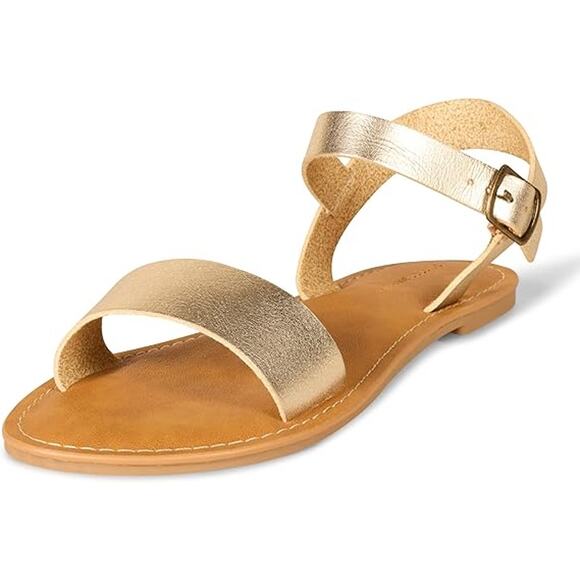 New Amazon Essentials Womens Size 12 Shiny Gold Two Strap Buckle Flat Sandals - Picture 1 of 5